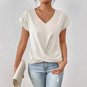 Elegant women's off-white V-neck short sleeve T-shirt featuring a twist front detail