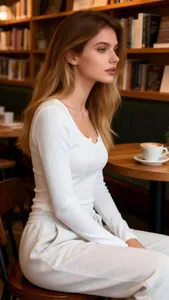 Side profile of a model in a white slim-fit ribbed U-neck long-sleeve tee in a cafe setting