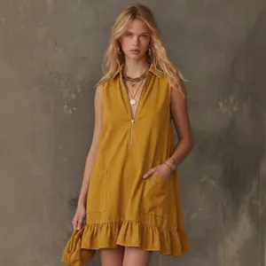 Mustard yellow sleeveless A-line mini dress with V-neck and ruffled hem details
