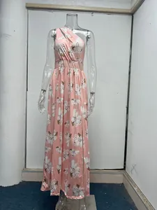 Front view of a pink floral one-shoulder maxi dress with a high waist and side slit