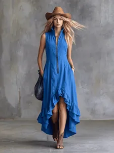 Elegant blue sleeveless high-low dress with front zipper and ruffled hem for women