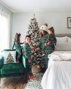 Famille heureuse portant des pyjamas de Noël verts assortis près du sapin décoré