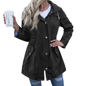 Women's hooded mid-length waterproof raincoat jacket with drawstring waist