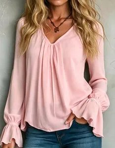 Elegant pink V-neck chiffon blouse with pleated details and ruffled flared cuffs