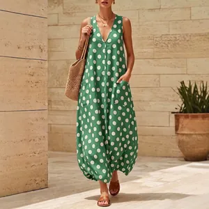 Vintage grünes ärmelloses Maxi-Kleid mit V-Ausschnitt, Punkten und Ballon-Saum