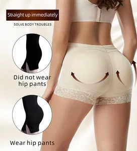 Detail view showing beige padded hip enhancer underwear with lace trim for curvy silhouette.