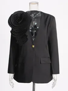 Elegant black women's blazer with statement 3D pleated rose and single gold button