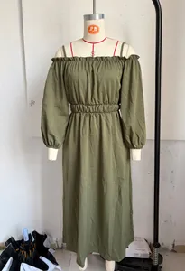 Front view of olive green cotton linen dress on mannequin, featuring off-shoulder style.