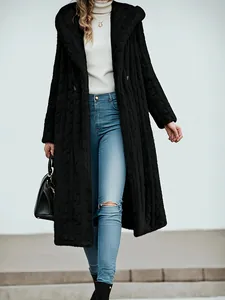 Elegant long black hooded coat for women with a unique textured quilted pattern design