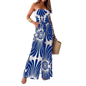 Combinaison bustier à jambes larges bleue et blanche avec buste smocké et poches