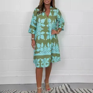 Damen V-Ausschnitt Blumendruck Kleid Vintage Dreiviertelarm Midi A-Linie Lässig Polyester Herbstkleid Für Frauen Mode