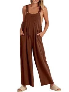 Women's loose cotton linen wide leg overalls in earthy brown caramel color variant