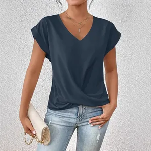 Elegant navy blue V-neck short sleeve T-shirt for women featuring a stylish twisted hem detail