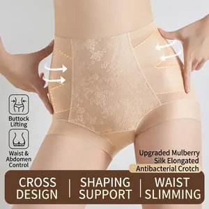 Women High Waist Tummy Control Shapewear Panties Seamless Butt Lifting National Style Embroidered Slimming Underwear Elegant Briefs