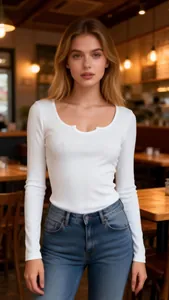 Close-up of white slim-fit long sleeve t-shirt with unique split U-neck design