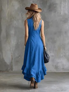 Back view of a blue vintage maxi dress with layered ruffle hem and sleeveless design