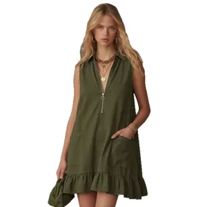 Casual sleeveless olive green A-line mini dress with half-zip V-neck and ruffled hem