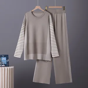 Macro view of the striped knit two-piece set with a round neck top and wide-leg pants