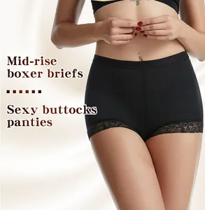 Detail of black mid-rise boxer briefs with lace trim for tummy control and butt lifting.