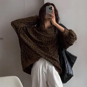Women's Vintage Leopard Print Corduroy Hoodie American High Street Oversized Hooded Sweatshirt Pullover Long Sleeve Top