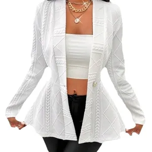 Elegant white textured long sleeve jacket for women with single button slim fit design