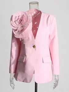 Elegant pink slim fit blazer for women featuring a 3D pleated rose detail on the shoulder.