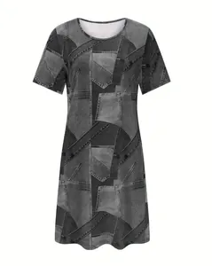 Detail of women's faux denim patchwork printed short-sleeve T-shirt dress