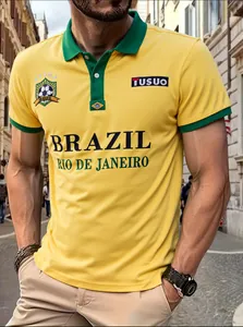 Detalle del polo de fútbol brasileño amarillo con el texto Brasil bordado en el pecho.