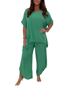 Ensemble d'été deux pièces vert pour femmes avec haut ample et pantalon large fendu