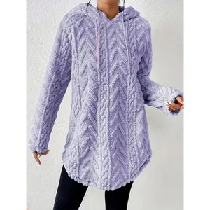 Sudadera lila de felpa suave con capucha, patrón de espiga y cordón ajustable