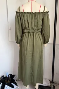 Full back view of an olive green off-the-shoulder cotton linen maxi dress on a mannequin
