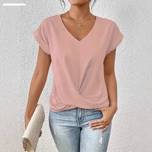 Elegant pink V-neck short sleeve T-shirt for women with stylish twist hem detail.