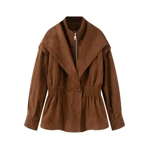 Detailed view of brown suede jacket featuring faux two-piece layered collar design.