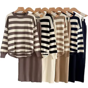 Women's striped long-sleeve knit top and high-waist midi skirt two-piece set multi-color