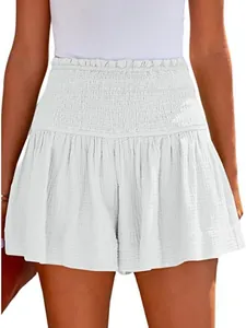 Summer white high waisted cotton linen ruffled skort with smocked elastic waistband