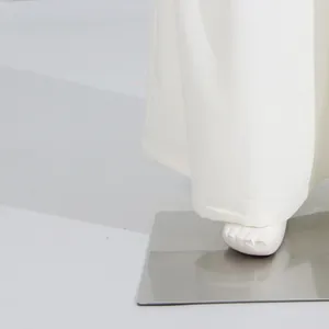 Macro view of the hem stitching and drape of these stylish white wide-leg trousers