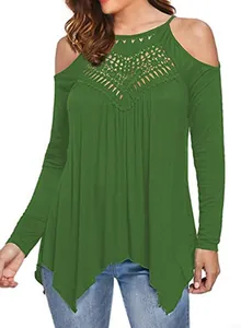 Close-up detail of dark green cold shoulder tunic featuring lace crochet neck and sharkbite hem