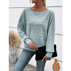 Women's casual light green ribbed long sleeve pullover sweater top with round neck