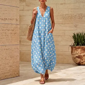 Vintage blaues Polka-Dot Maxikleid mit V-Ausschnitt, ärmellos, Ballon-Saum und Taschen