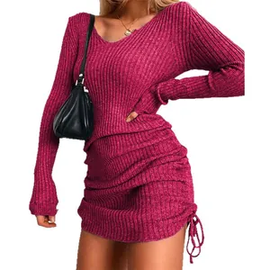 Robe courte sexy à manches longues et col en V en maille côtelée avec cordon de serrage