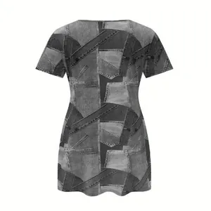 Casual women's short sleeve T-shirt dress featuring a realistic denim patchwork print