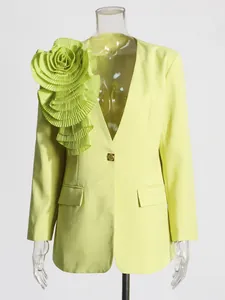 Chic lime green slim fit blazer with an avant-garde 3D pleated flower on shoulder