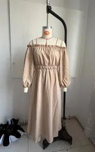 Beige cotton linen off-shoulder dress with straps and pleated waist on mannequin