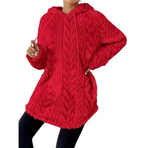 Sudadera roja con capucha de jacquard, textura de pelo suave y cordón ajustable