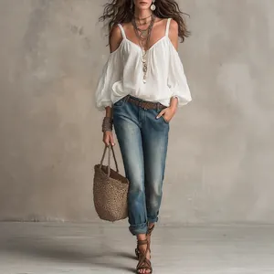Blusa de Camisola con Hombros Descubiertos para Mujer Color Sólido Manga de Burbuja Cuello en V Top de Vacaciones