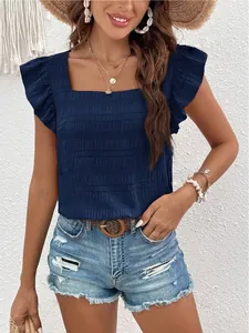 Stylish navy blue square neck top featuring ruffle cap sleeves and smocked texture detail