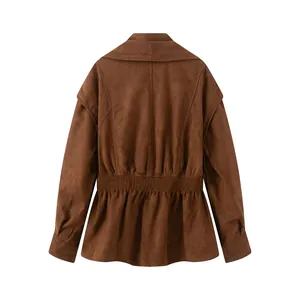 Professional back view of a vintage brown suede jacket with smocked waist and ruffled hem