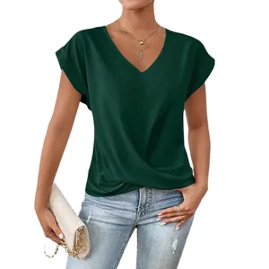 Elegant dark green V-neck T-shirt for women featuring a stylish front twist hem