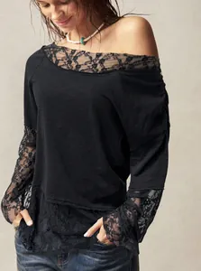 Elegant black bohemian off-shoulder long sleeve T-shirt with intricate lace details