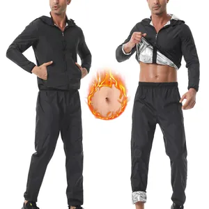 Combinaison de Sudation pour Hommes pour Perte de Poids Survêtement de Sauna Veste à Capuche et Pantalon Fitness Entraînement Polyester Enduit d'Argent